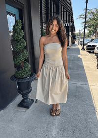 Weekend Stroll Strapless Drop Waist Midi Dress - Oat