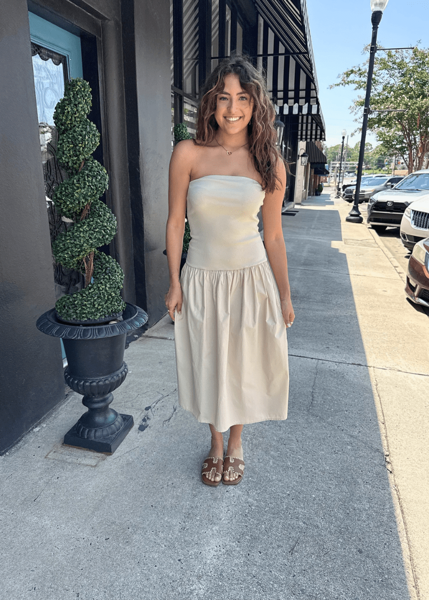 Weekend Stroll Strapless Drop Waist Midi Dress - Oat
