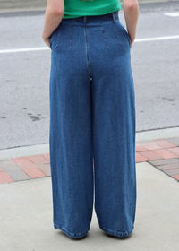 Back view of high rise wide leg dark wash denim pants