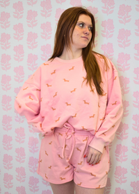 Pink wiener dog sweatshort set designed for dachshund lovers