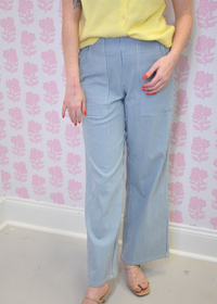 White and blue pinstriped wide leg pants with elastic waist