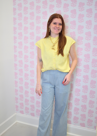 Wide leg pinstripe pants featuring elastic waistband detail