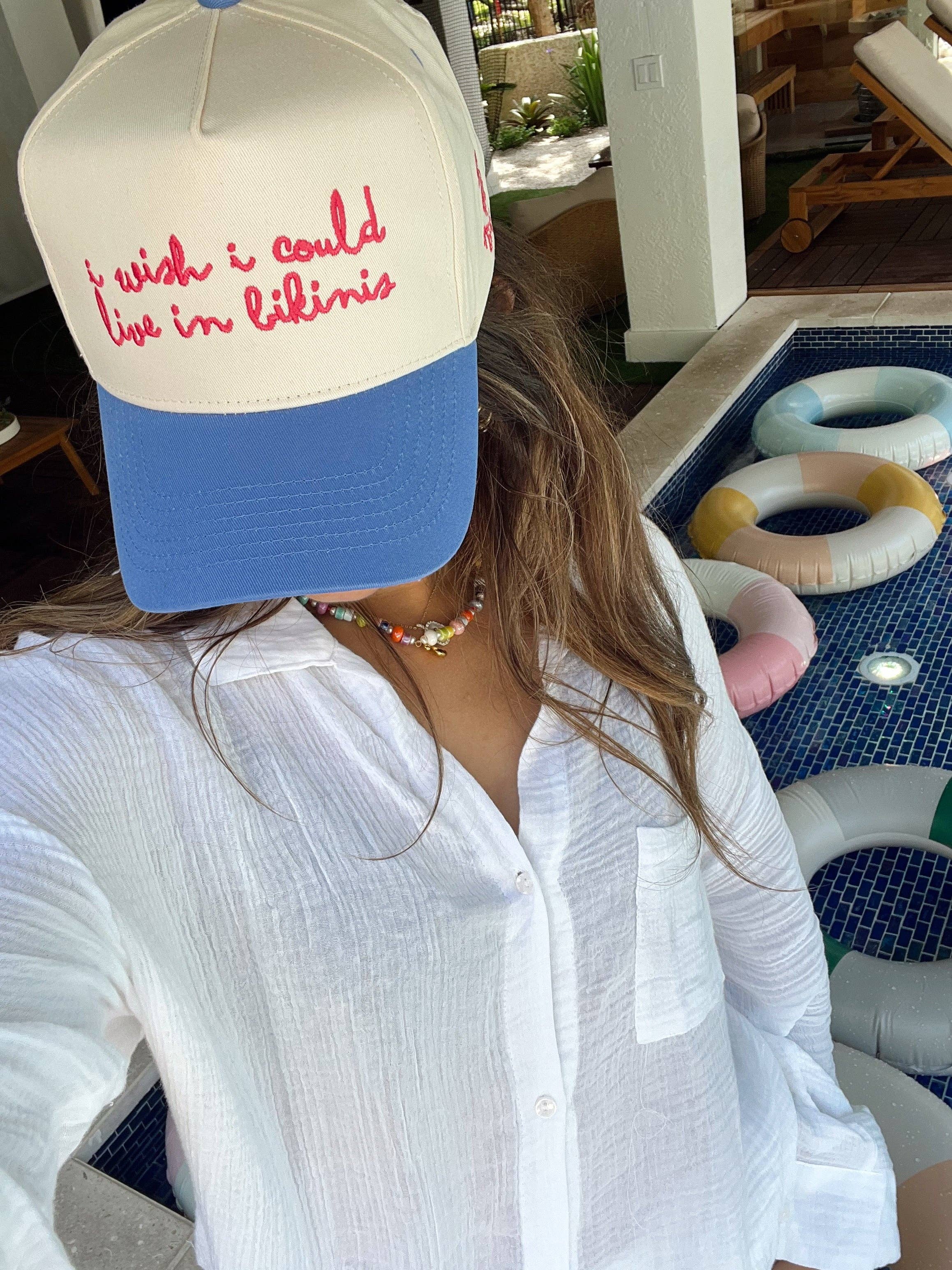 Side view of periwinkle vintage trucker hat for beach and vacation outfits