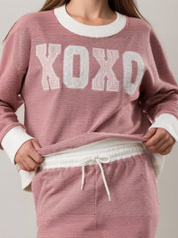 Valentine-inspired red and cream stripe sweater with mock neck