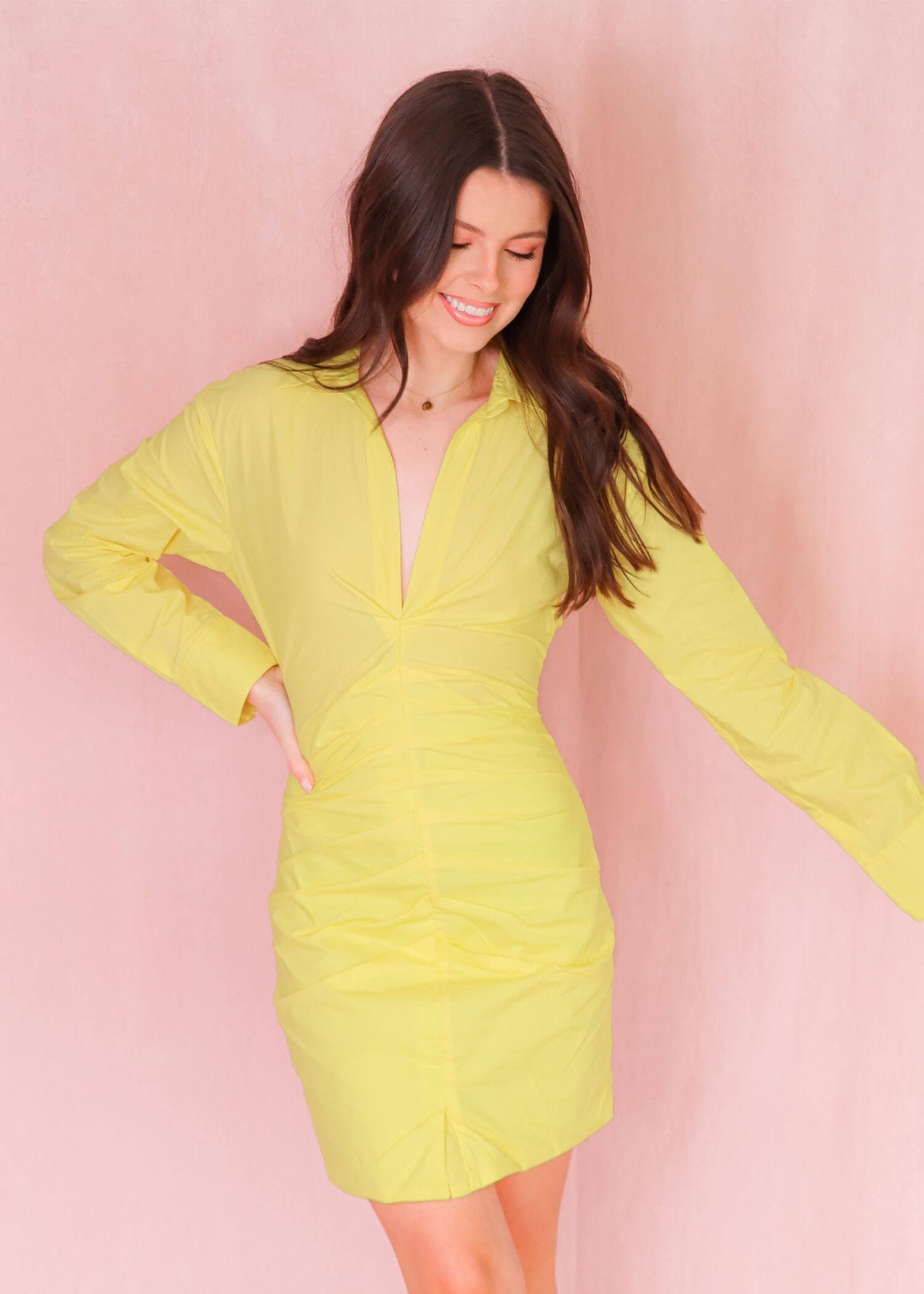 Talking Business Mini Dress - Yellow Dresses MerciGrace Boutique.