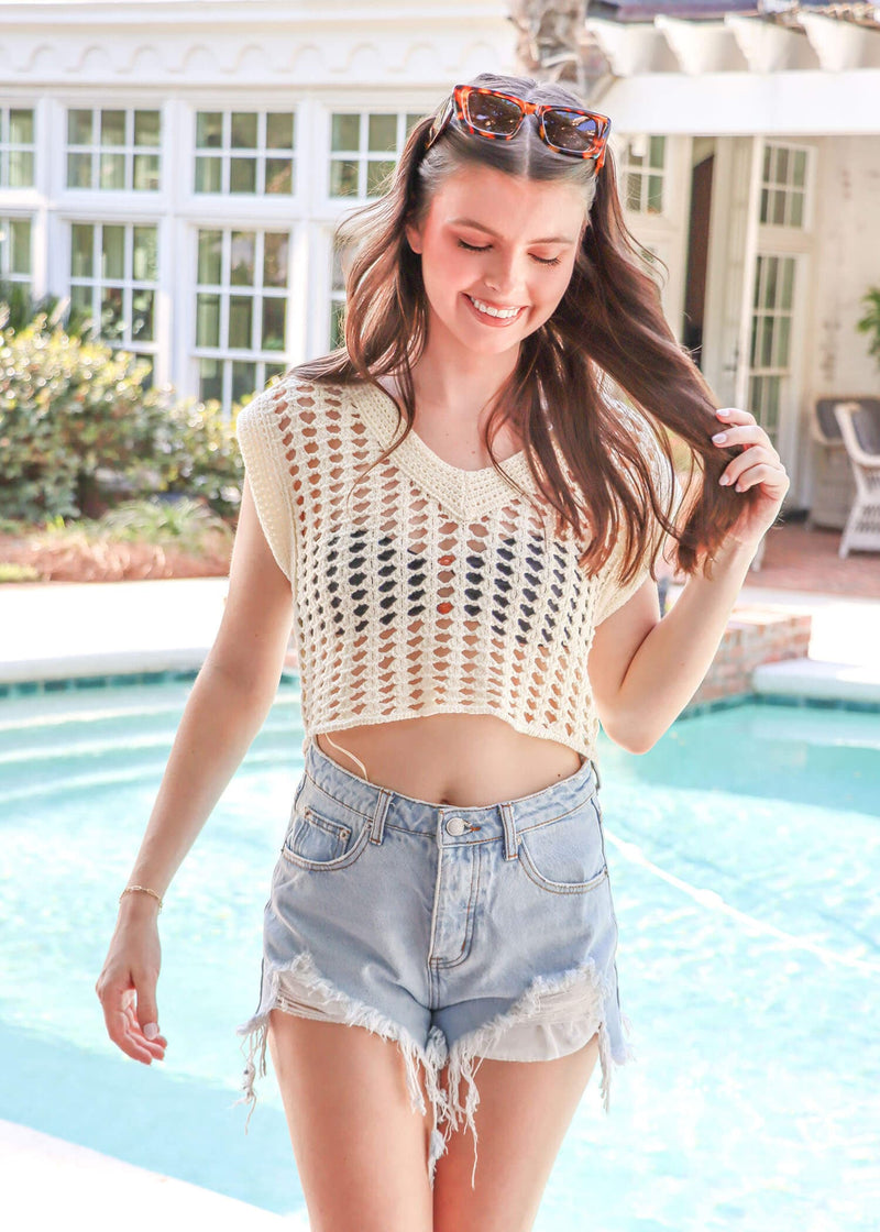 Take Me To The Beach Knit Sweater Vest - Ivory Tops MerciGrace Boutique.
