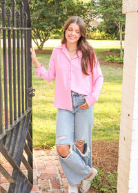 So Posh Button Down Shirt - Pink Tops MerciGrace Boutique.