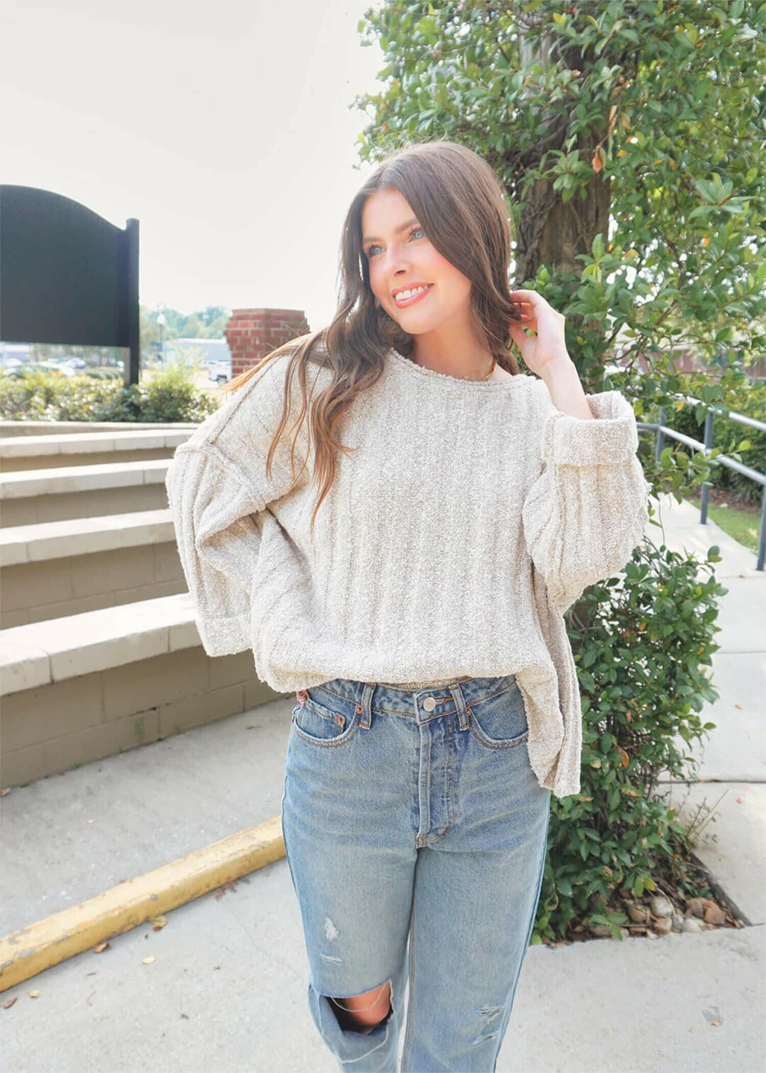 Always My Favorite Sweater - Taupe/Cream Tops MerciGrace Boutique.