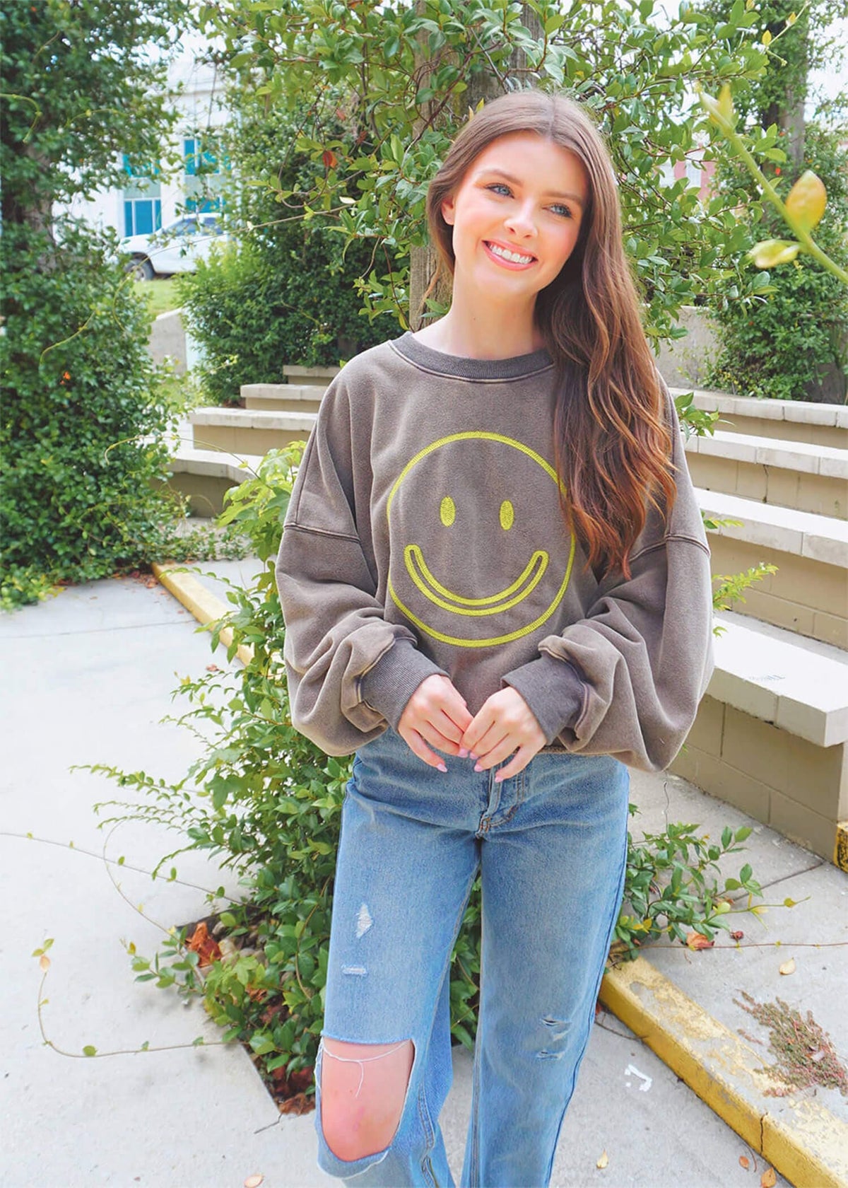 Always Smiling Long Sleeve Top - Washed Tops MerciGrace Boutique.