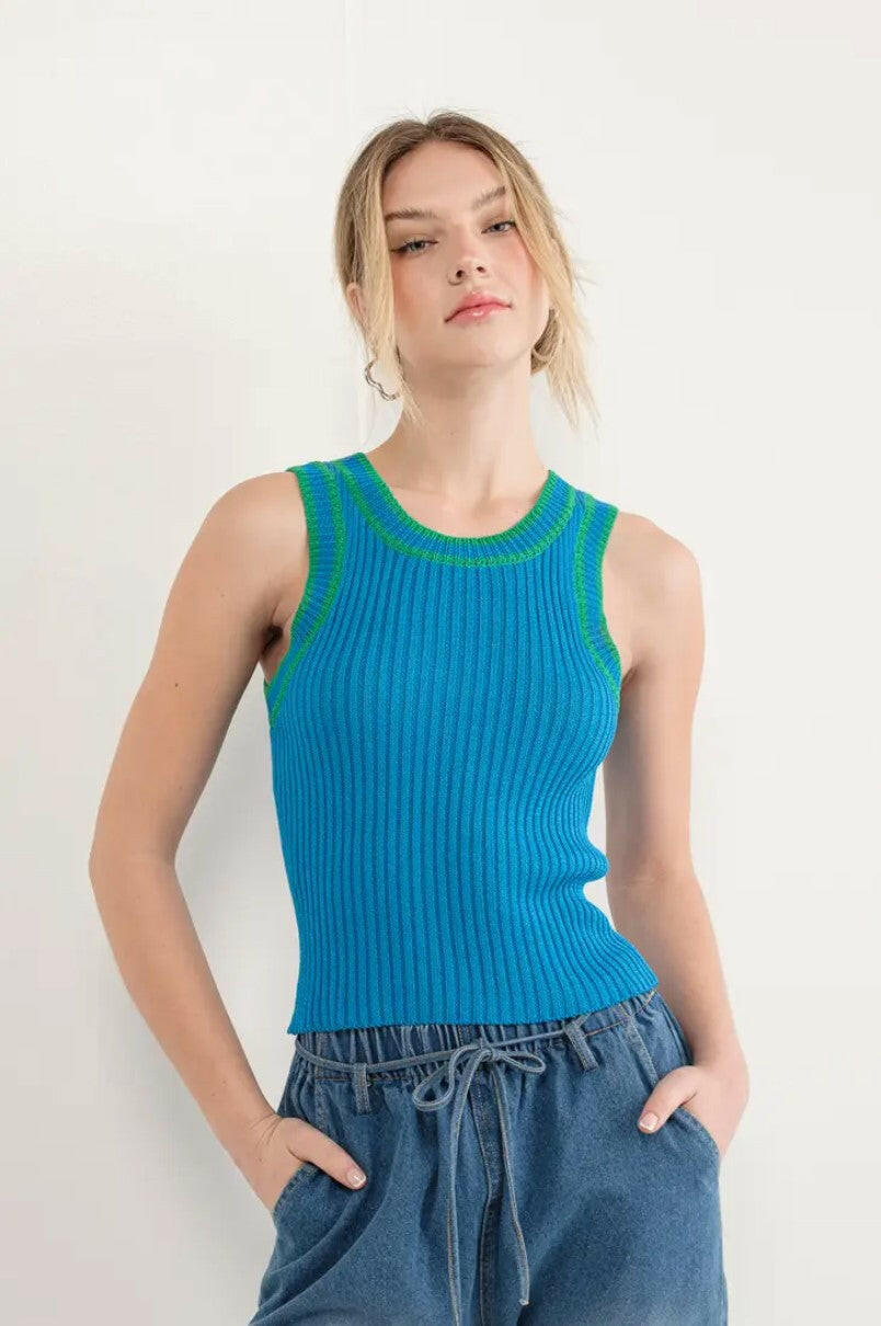 Contrast Rib Knit Tank Top - Blue Tops MerciGrace Boutique.