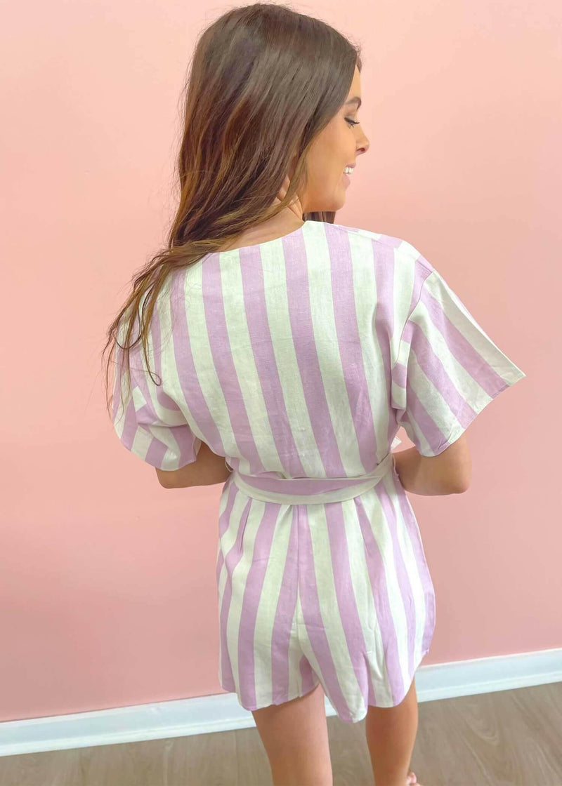 BuddyLove Audrey Short Sleeve Romper - Pink Stripe Romper MerciGrace Boutique.