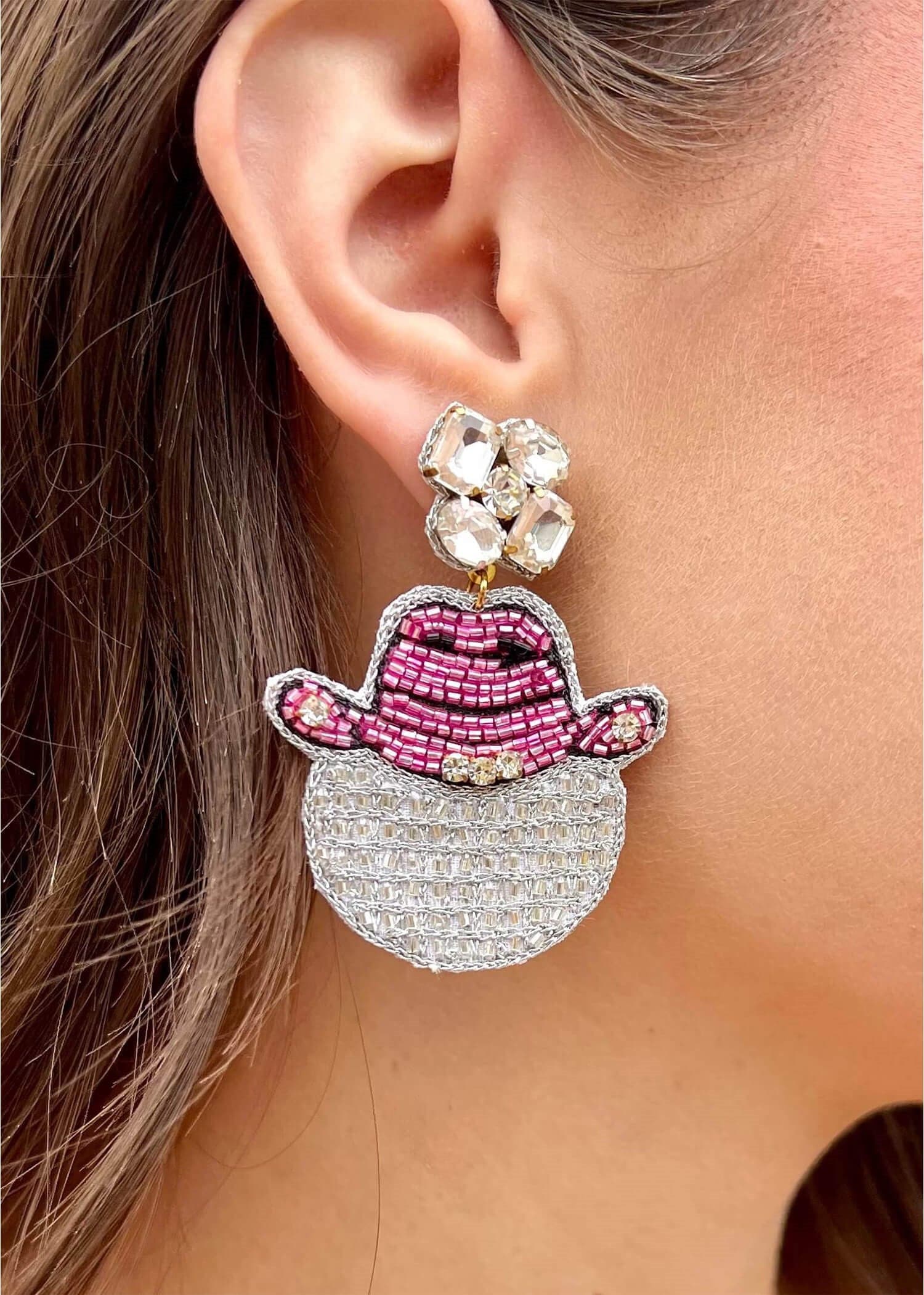 Disco Cowgirl Earrings - Silver/Pink Earrings MerciGrace Boutique.