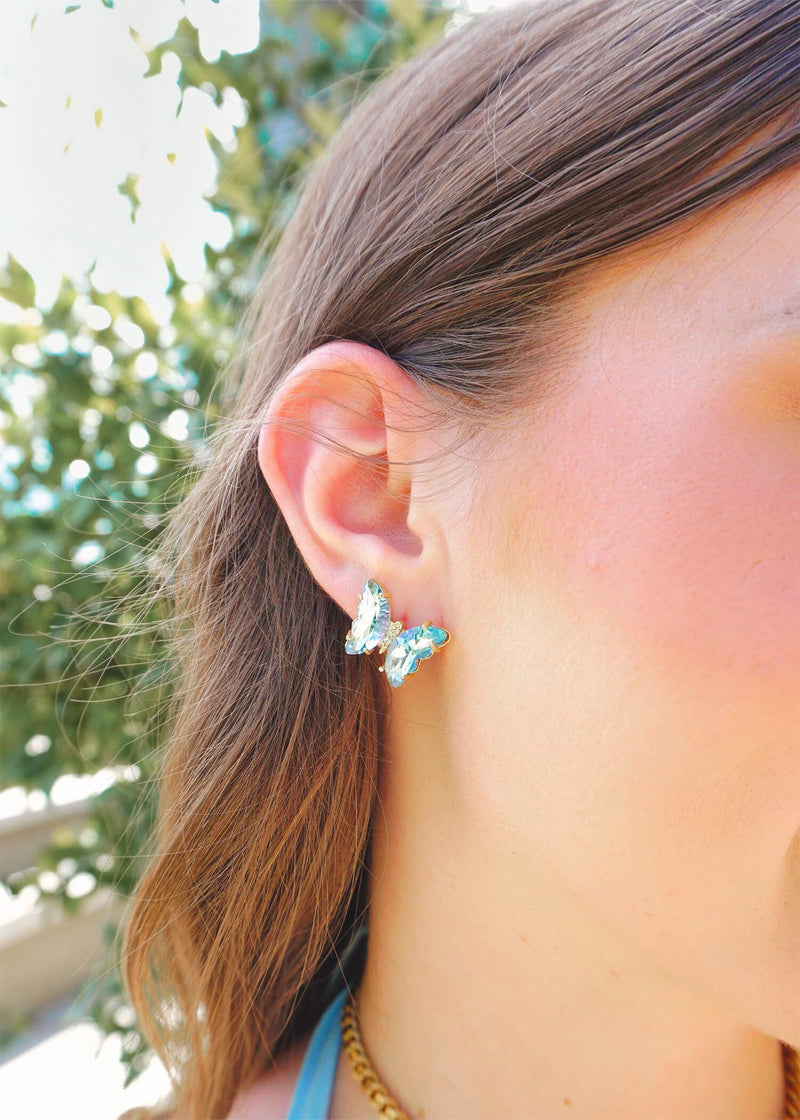 Fly Away Butterfly Earrings - Blue Iridescent Earrings MerciGrace Boutique.