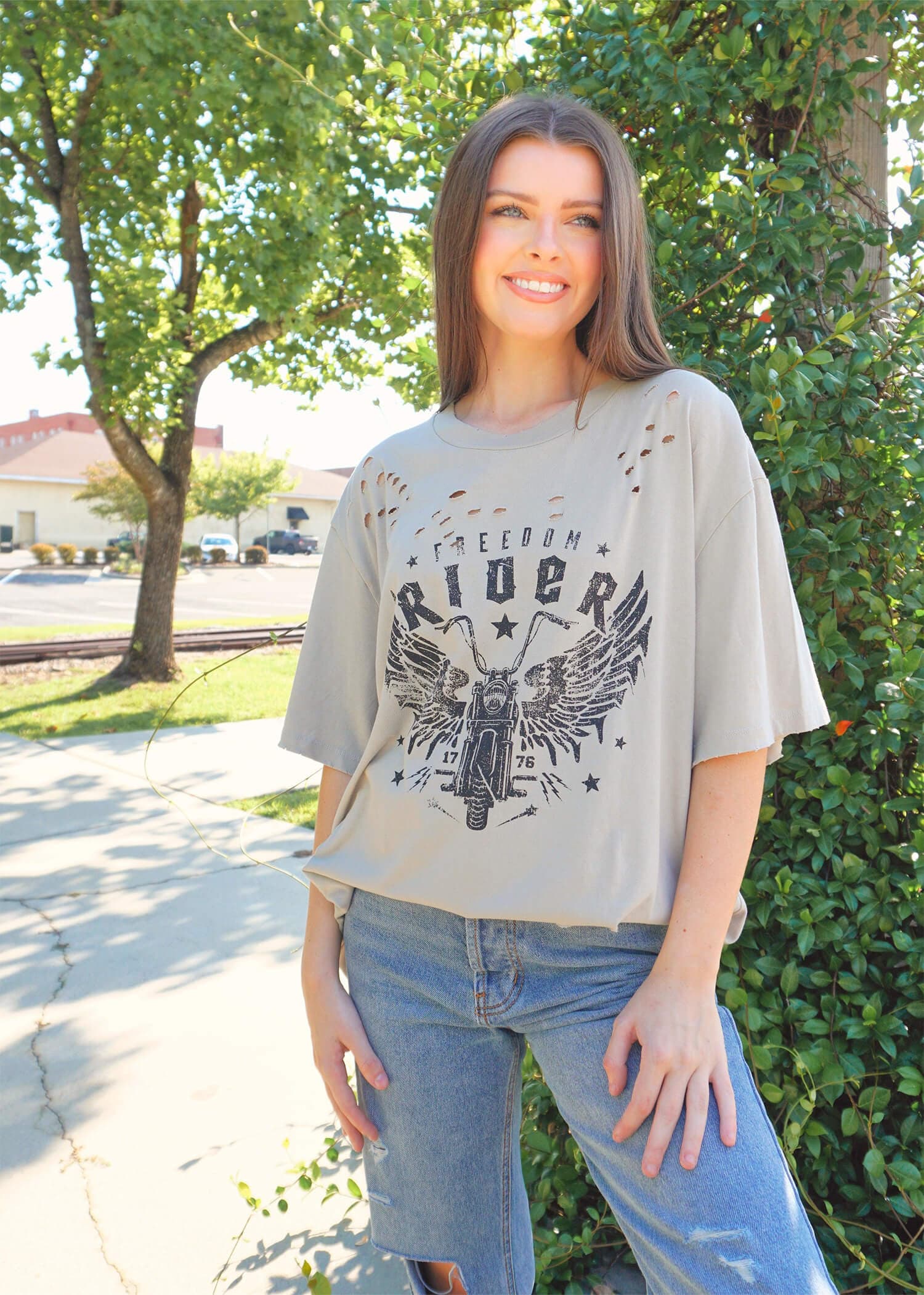 Freedom Rider Graphic Tee - Khaki T-Shirt MerciGrace Boutique.