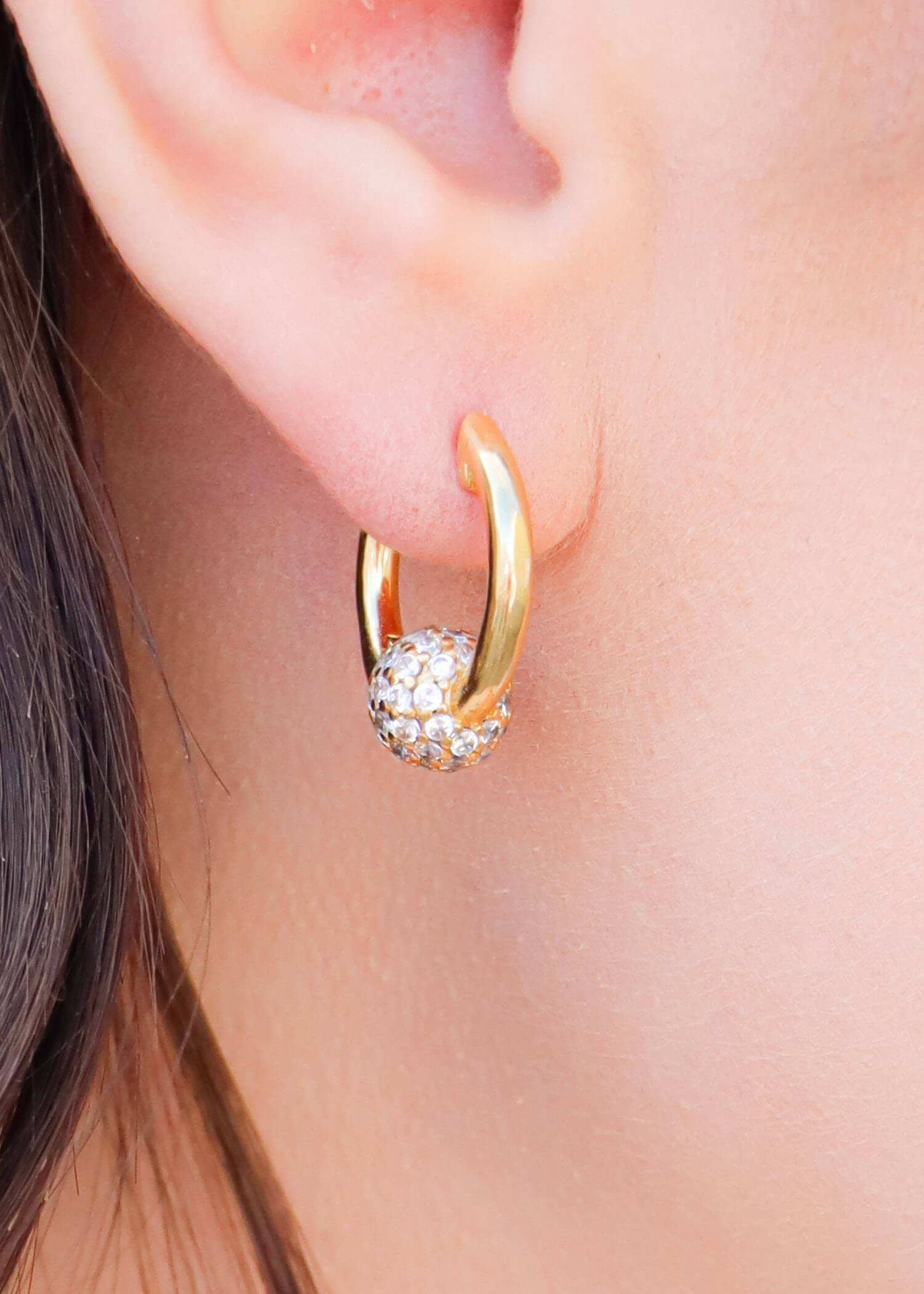 Tatum Crystal Ball Huggies - Gold Earrings MerciGrace Boutique.