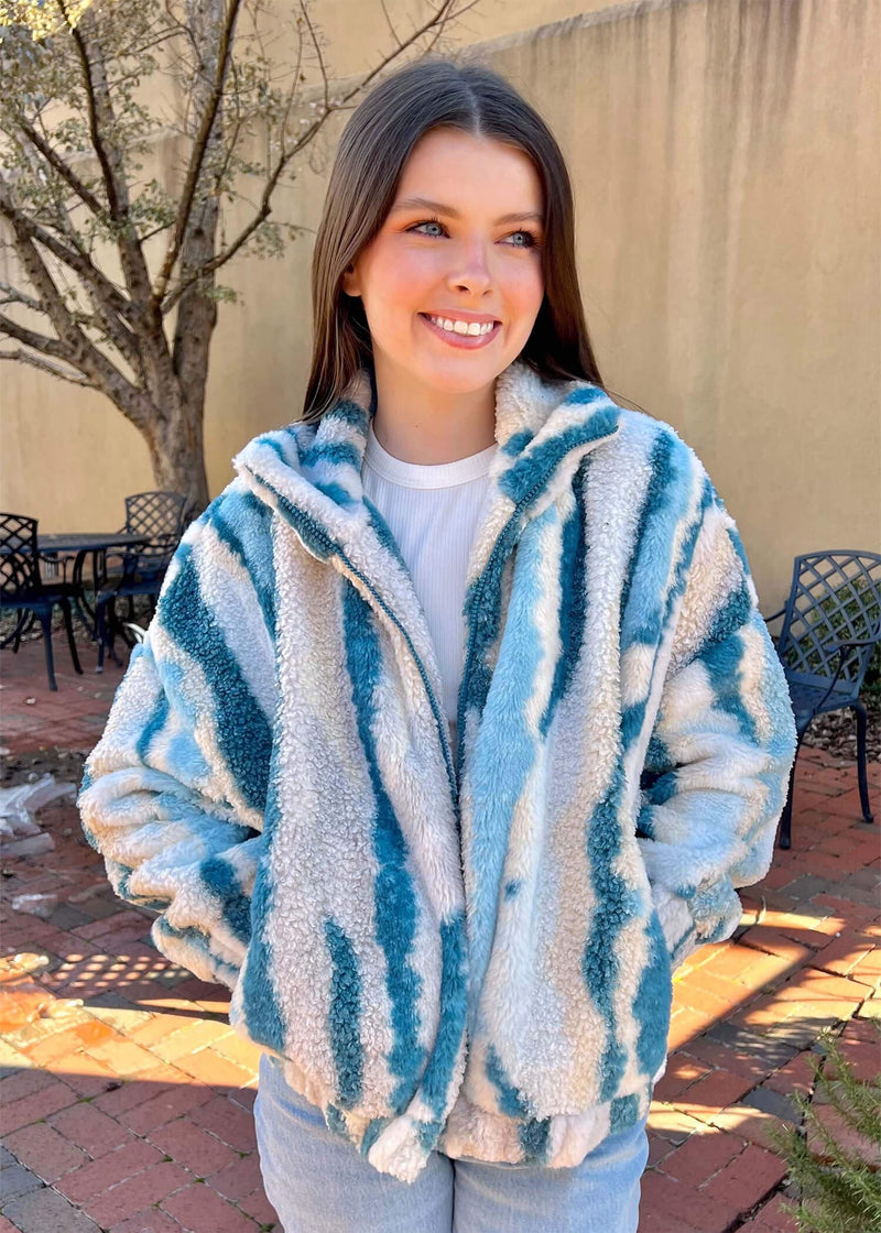 Here For Warmth Sherpa Jacket - Teal Multi Jacket MerciGrace Boutique.