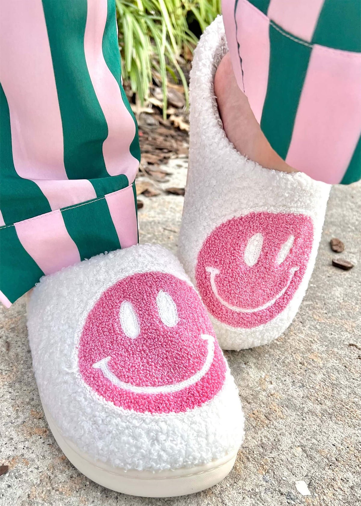Here To Lounge Smiley Slippers - Cream/Pink Shoes MerciGrace Boutique.