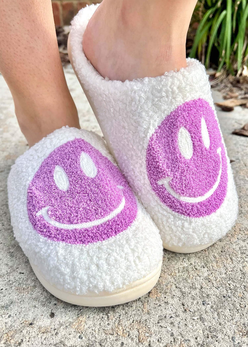 Here To Lounge Smiley Slippers - Cream/Purple Shoe MerciGrace Boutique.