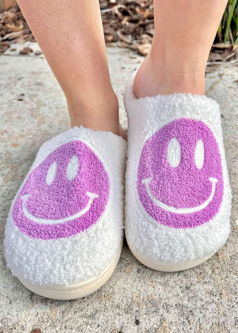 Here To Lounge Smiley Slippers - Cream/Purple Shoe MerciGrace Boutique.