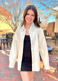 In Motion Faux Leather Shacket - Whip Cream Jacket MerciGrace Boutique.