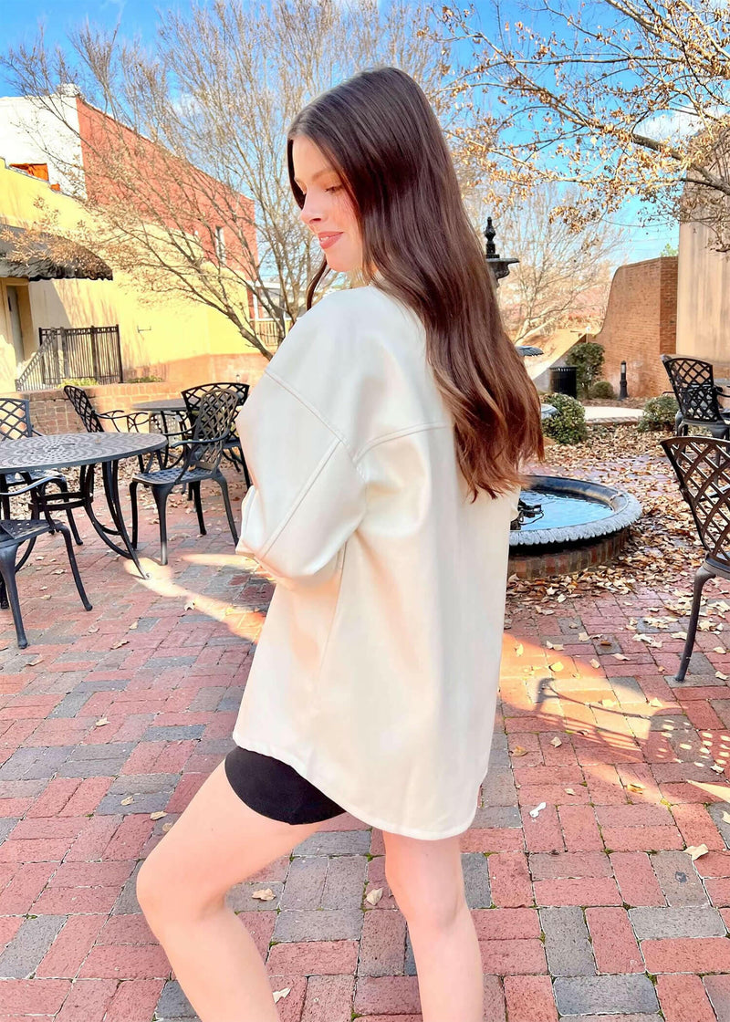 In Motion Faux Leather Shacket - Whip Cream Jacket MerciGrace Boutique.