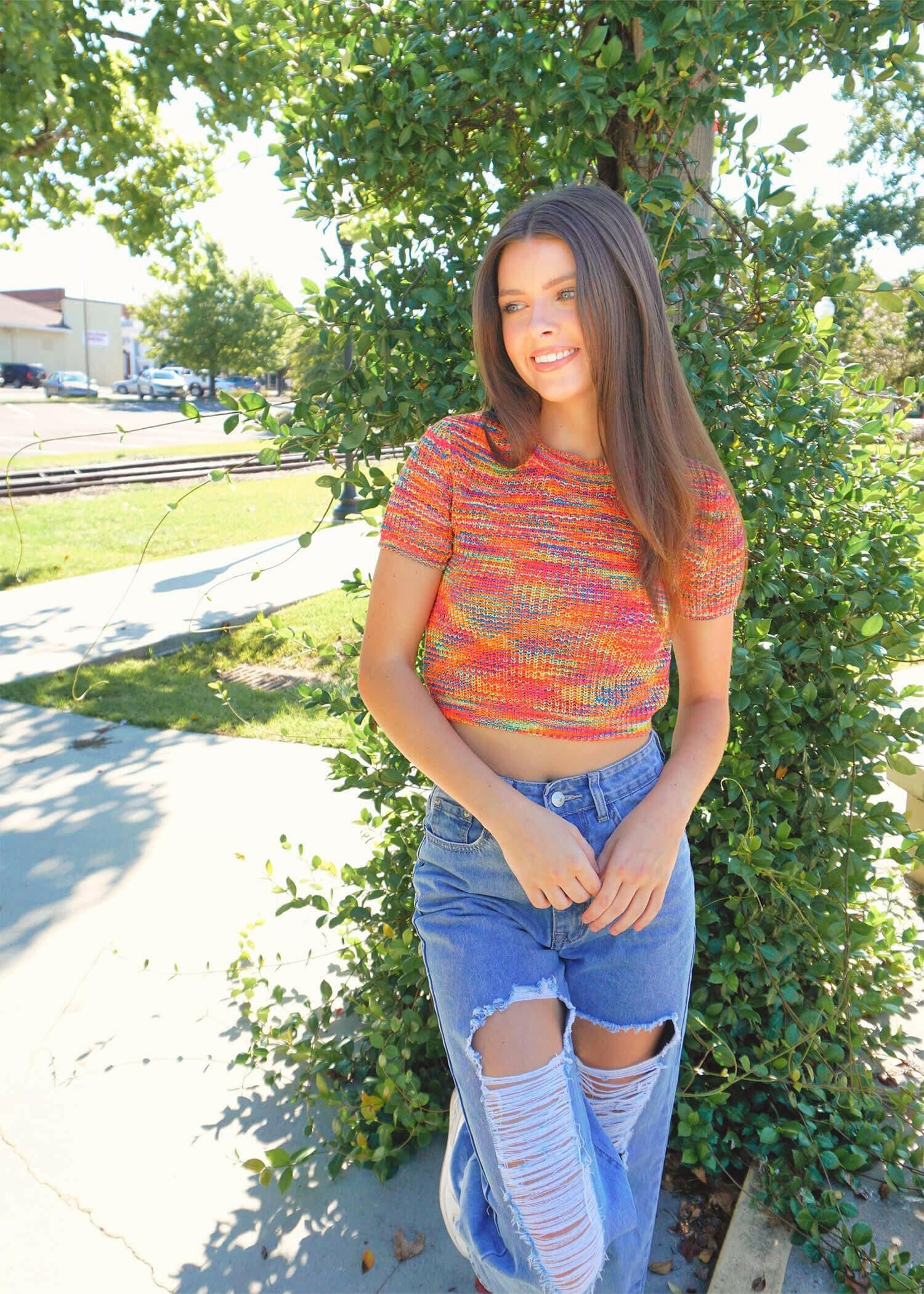 Just Wanna Have Fun Sweater Tee - Multi Tops MerciGrace Boutique.