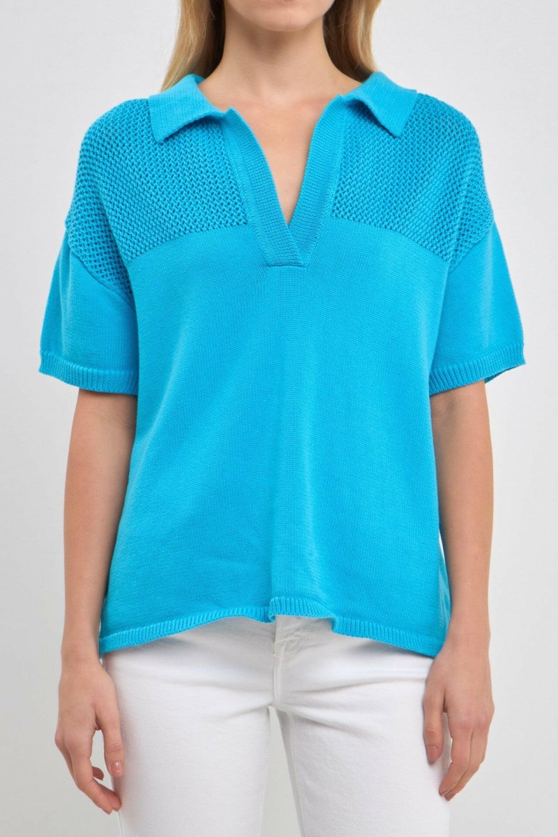 Knit Sweatshirt with Short Sleeve - Blue - MerciGrace BoutiqueTop