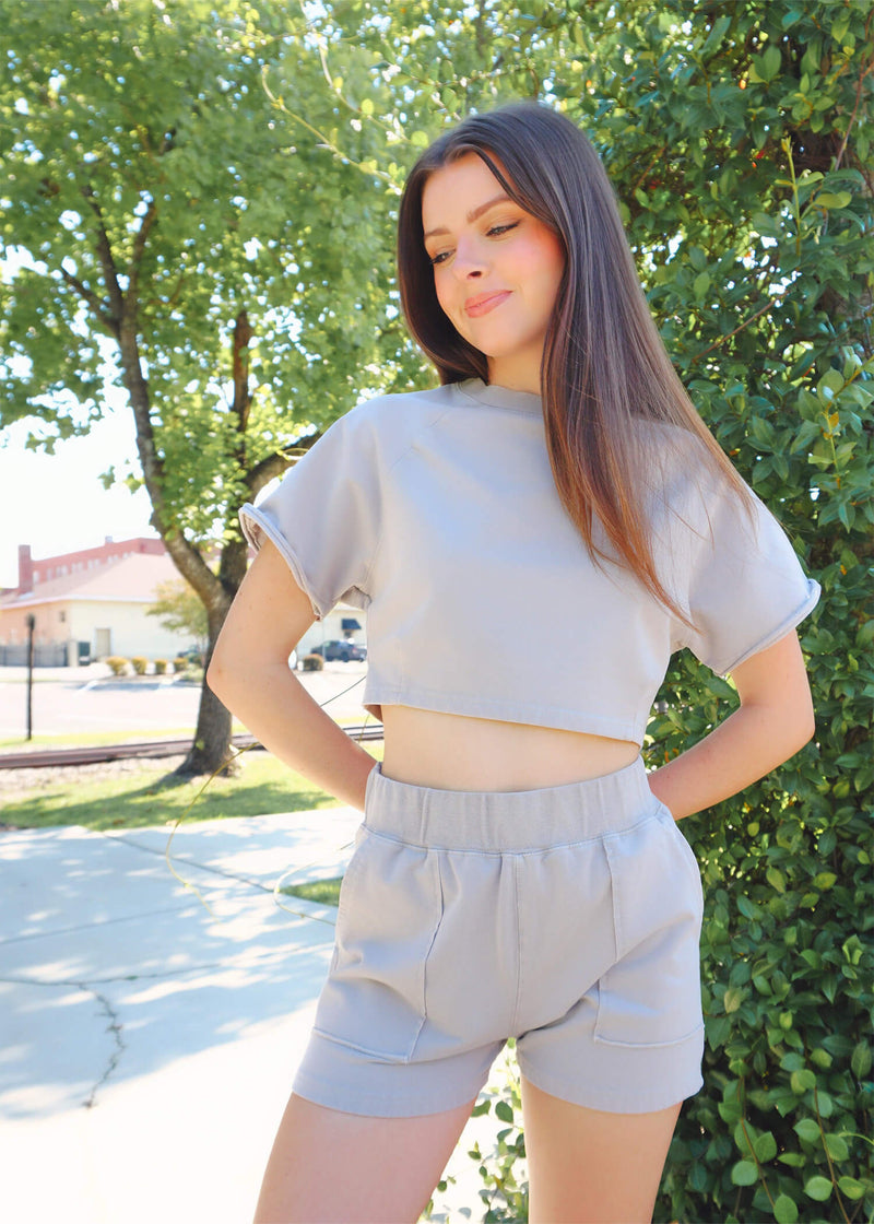 Lazy Day Cropped Tee - Light Grey Tops MerciGrace Boutique.