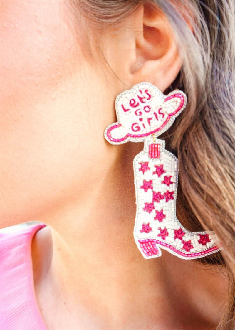 Let's Go Girls Beaded Boots Earrings - Pink Earrings MerciGrace Boutique.