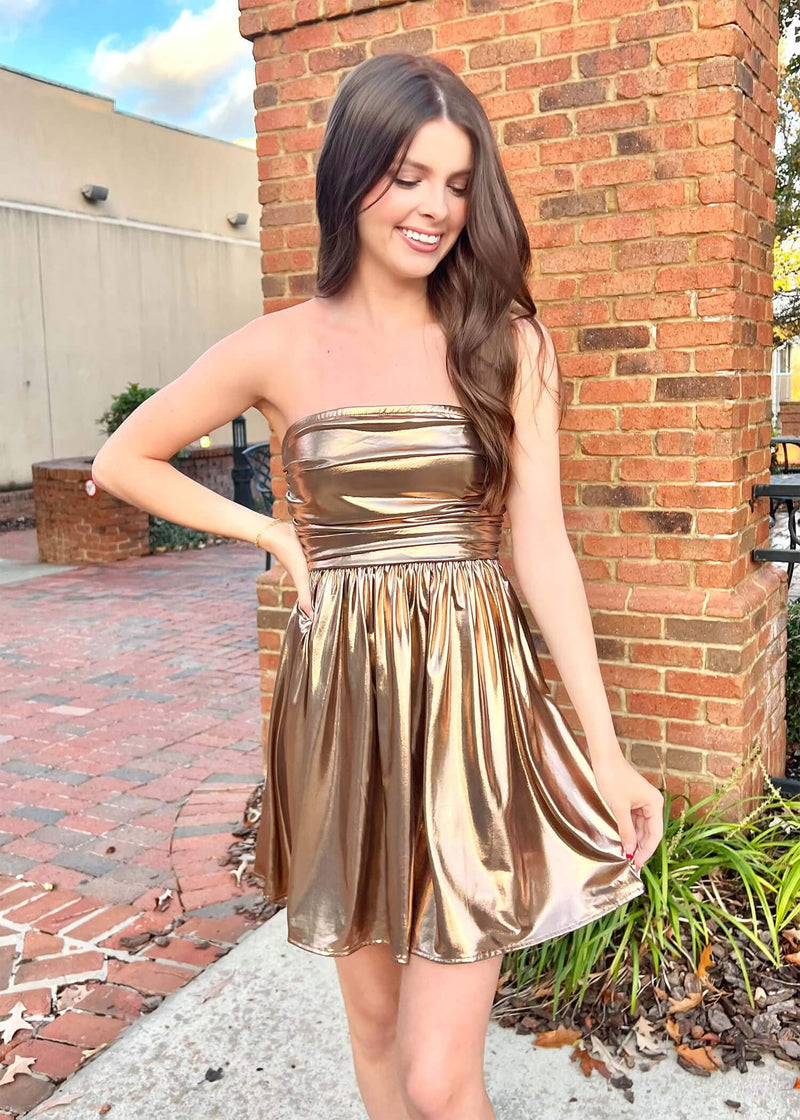 Life Of The Party Mini Dress - Gold Dress MerciGrace Boutique.