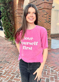 Love Yourself First Graphic - Bright Pink T-Shirt MerciGrace Boutique.