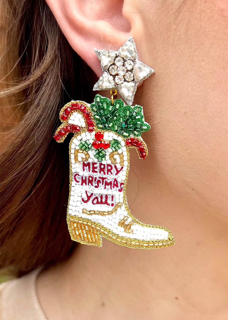 Merry Christmas Boot Earrings - White Earrings MerciGrace Boutique.