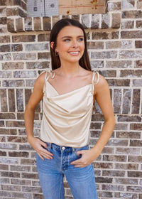 Neutral Vibes Tie Shoulder Cami Top - Champagne Tops MerciGrace Boutique.