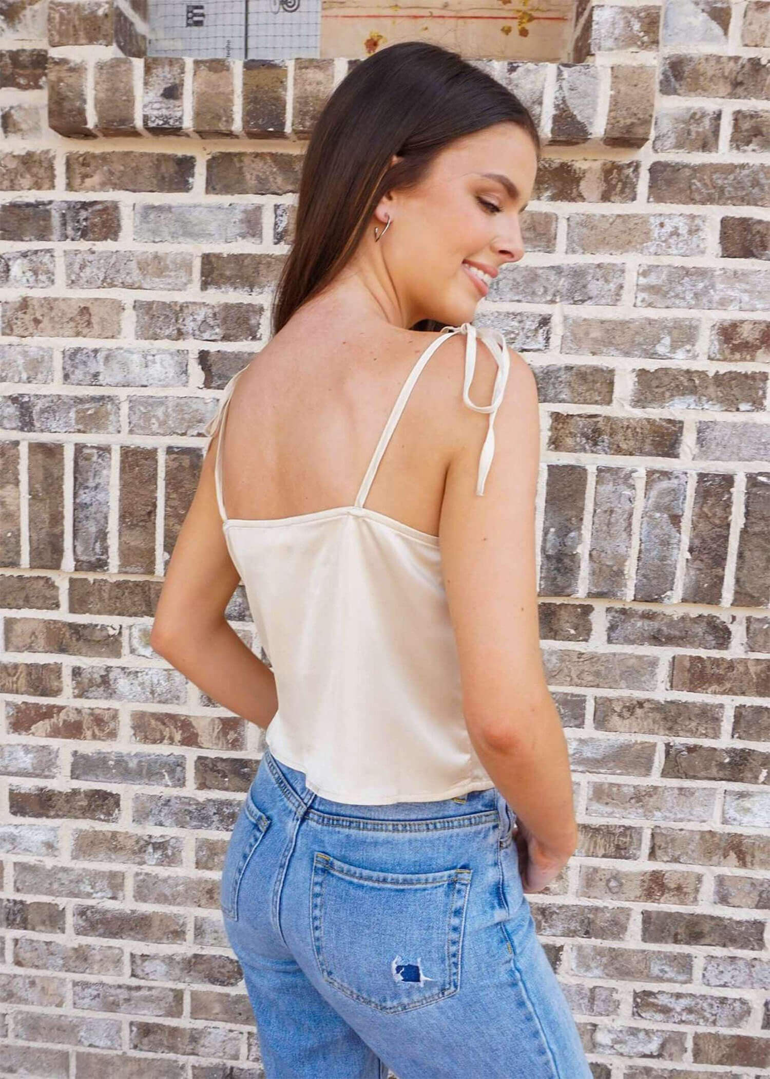 Neutral Vibes Tie Shoulder Cami Top - Champagne Tops MerciGrace Boutique.