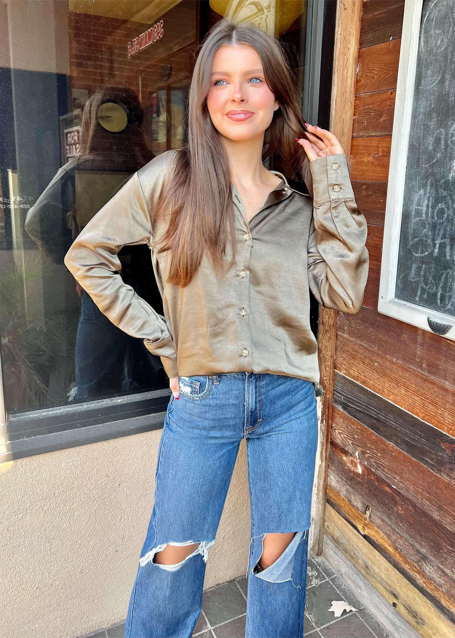 Oh So Perfect Button Down  - Olive Tops MerciGrace Boutique.