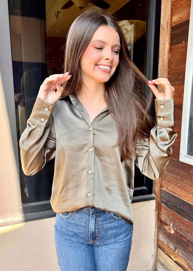 Oh So Perfect Button Down  - Olive Tops MerciGrace Boutique.