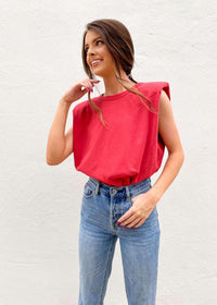On The Edge Padded Shoulder Top - Red Tops MerciGrace Boutique.