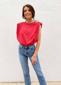 On The Edge Padded Shoulder Top - Red Tops MerciGrace Boutique.