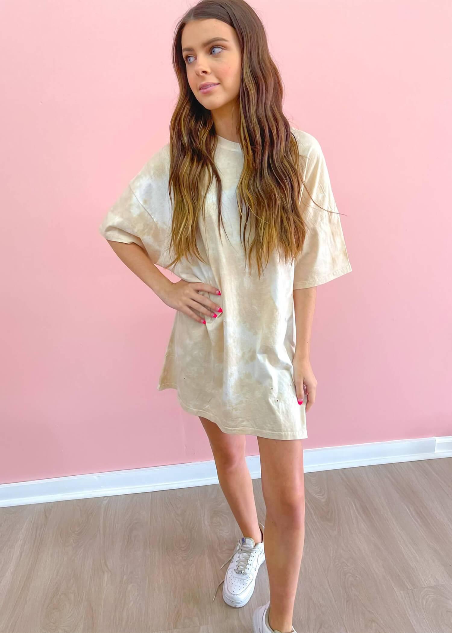 On The Move Oversized T-Shirt Dress - Tie Bone Cream Tops MerciGrace Boutique.