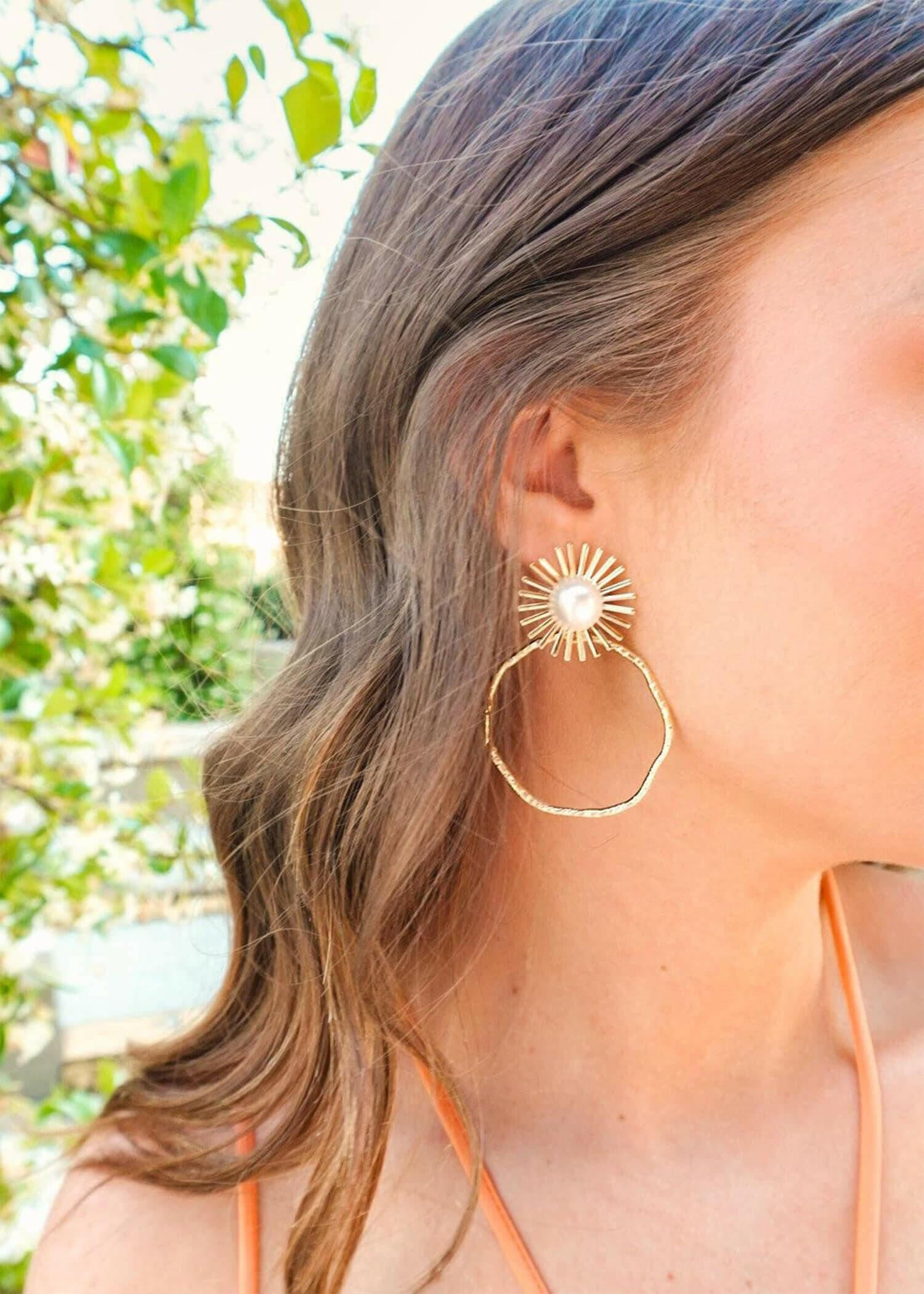 Pearl Sunburst Hoop Earrings Earrings MerciGrace Boutique.