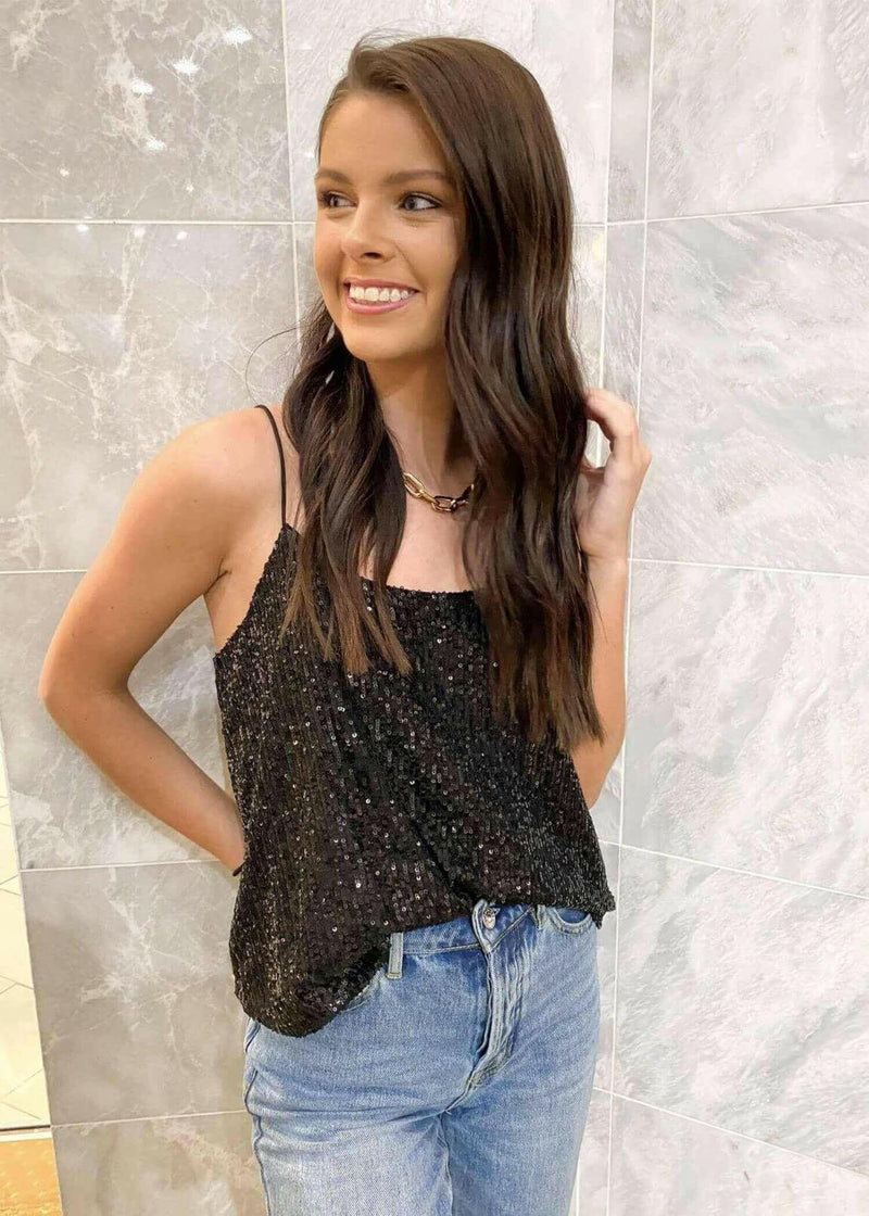 Shinin’ On You Sequin Cami Top - Black Tops MerciGrace Boutique.