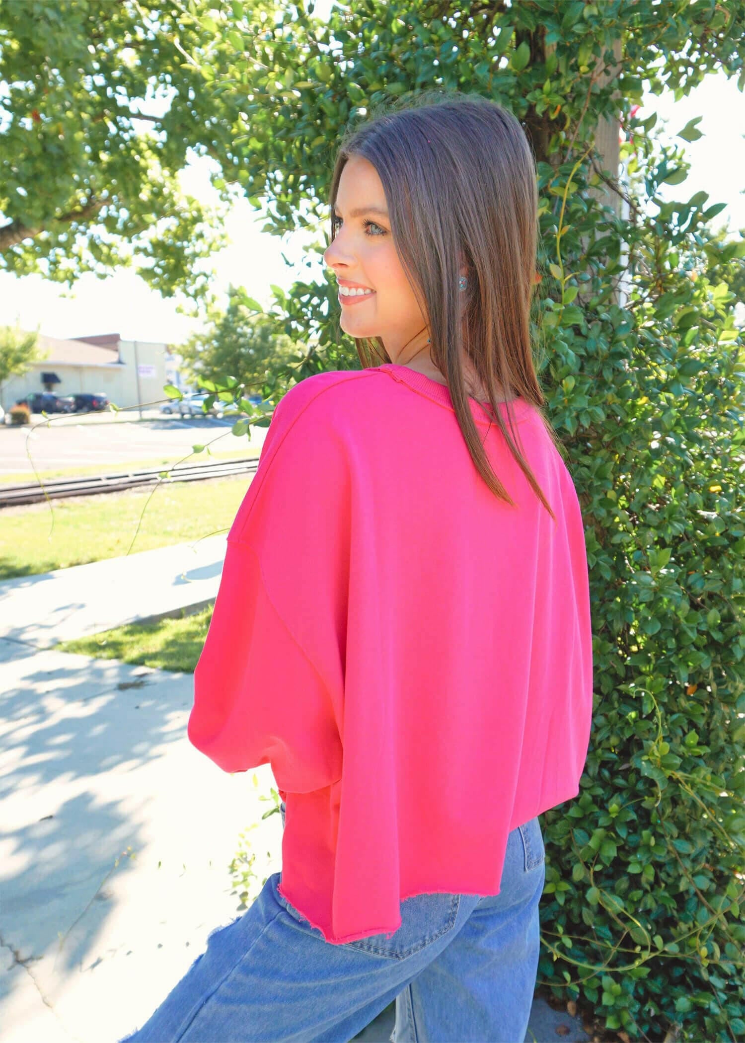 Smiling All The Way To You Sweatshirt - Hot Pink Sweatshirt MerciGrace Boutique.