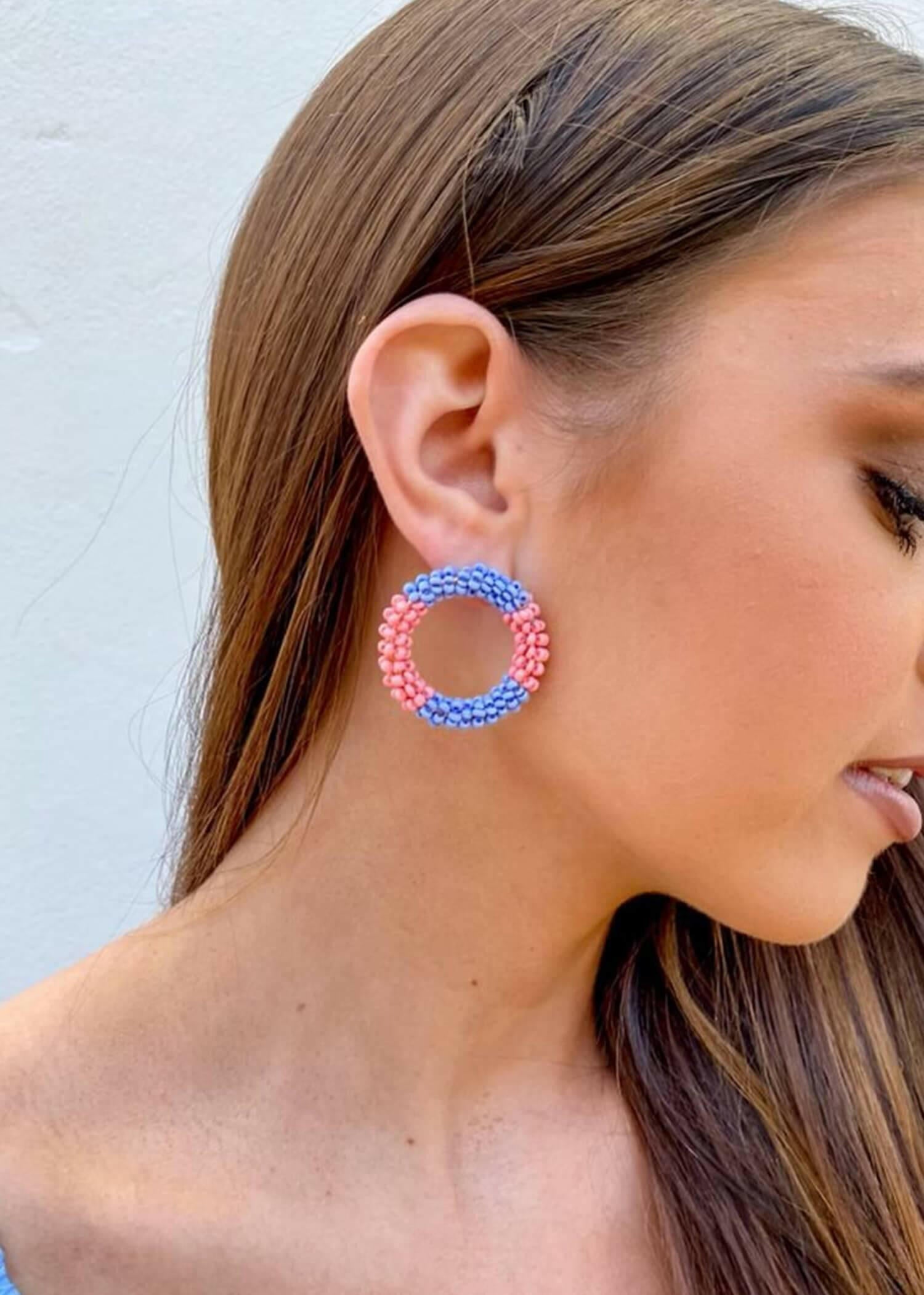 Spring Is Calling Beaded Earrings - Pink/Blue Earrings MerciGrace Boutique.