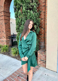 Still Dreaming Satin Mini Dress - Forest Green Dress MerciGrace Boutique.