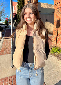 Waiting For You Puffer Vest - Taupe Tops MerciGrace Boutique.