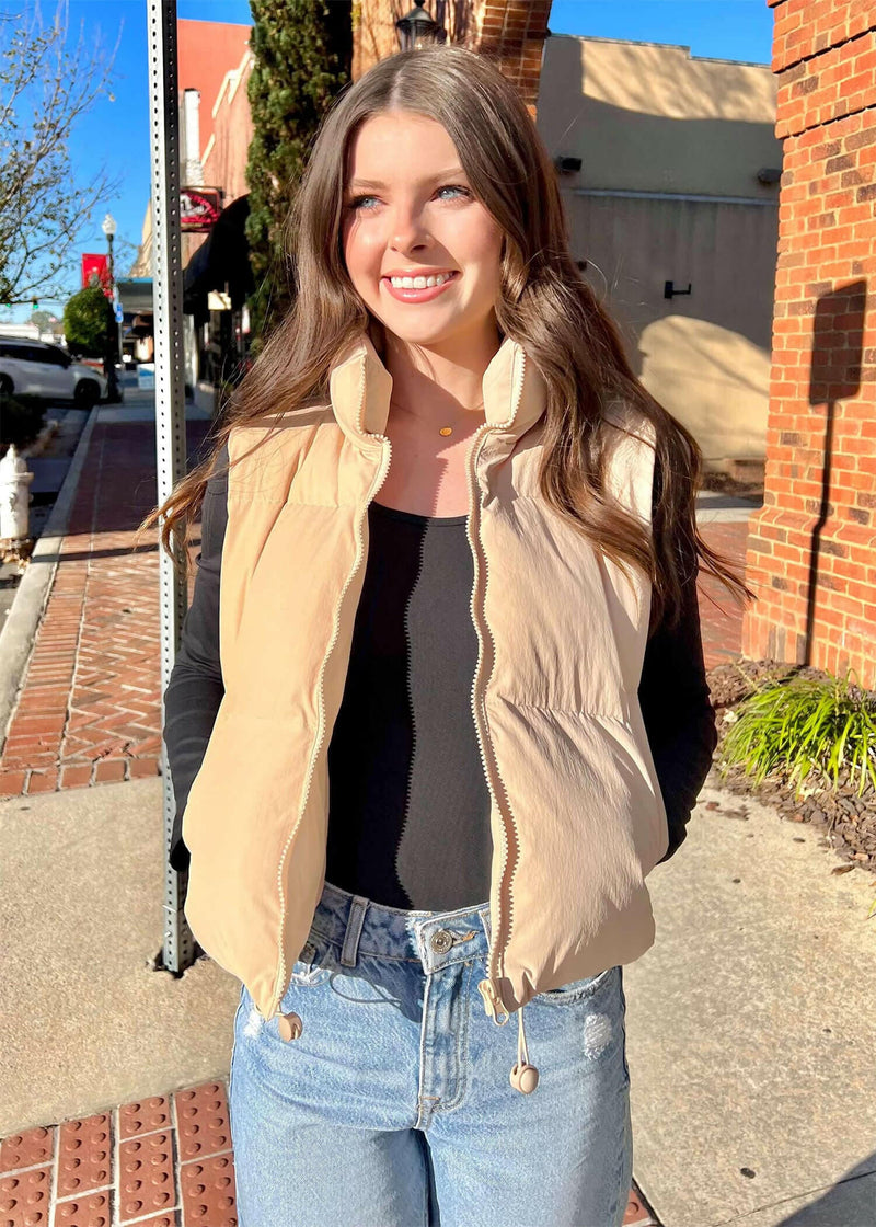 Waiting For You Puffer Vest - Taupe Tops MerciGrace Boutique.