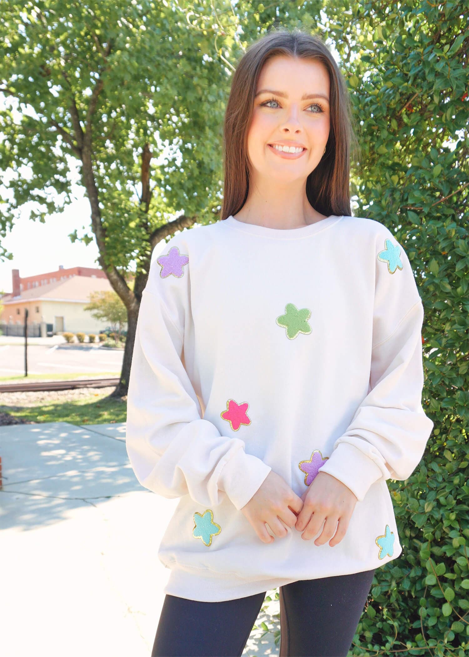 Wishing On A Star Sweatshirt - Cream/Multi Sweatshirt MerciGrace Boutique.